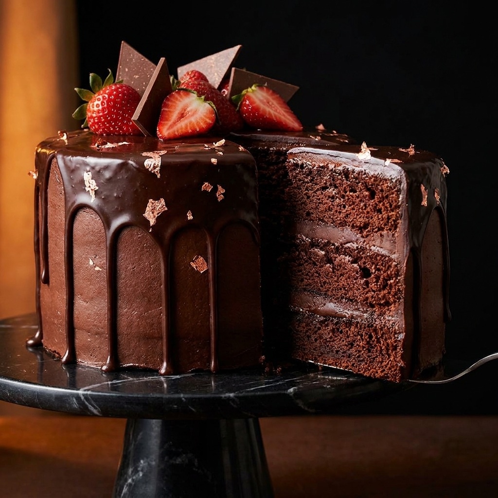 Chocolate ganache celebration cake with a slice cut