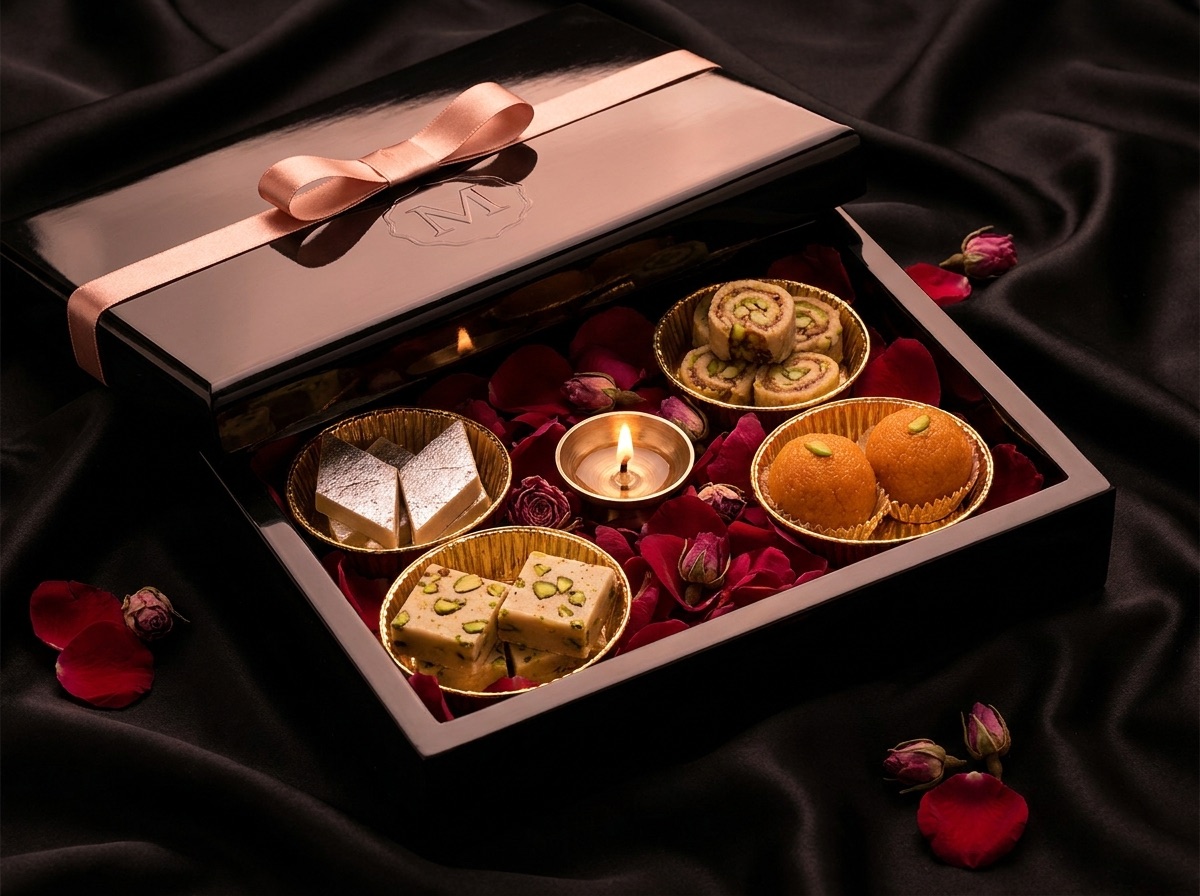 Bitta Sweets festive gift box with rose-gold ribbon, open to show assorted mithai