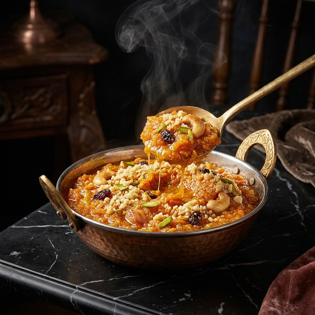 Gajar ka halwa steaming in a brass kadhai