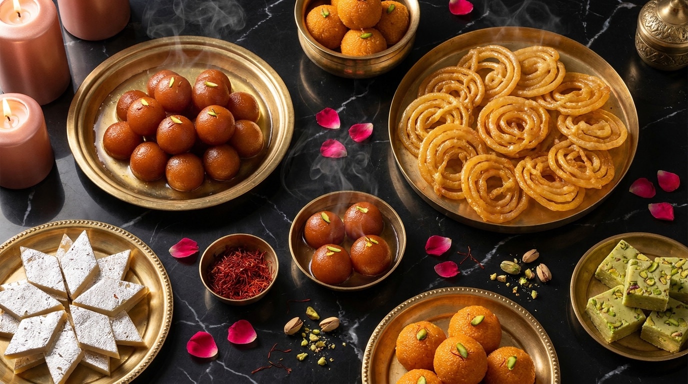An opulent spread of Bitta Sweets mithai — gulab jamun, jalebi, kaju katli and ladoo in brass thalis