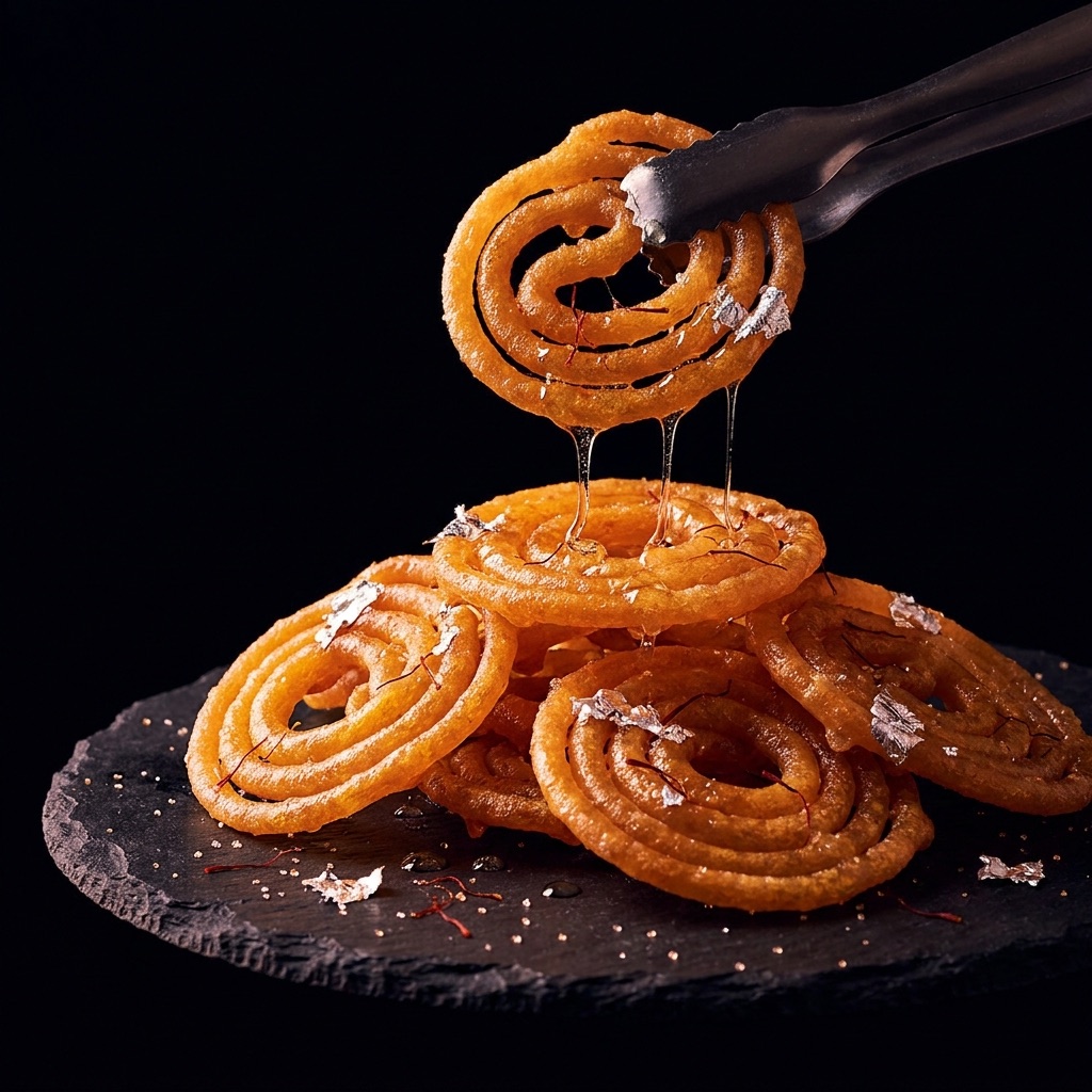 Crisp golden jalebi with stretching syrup