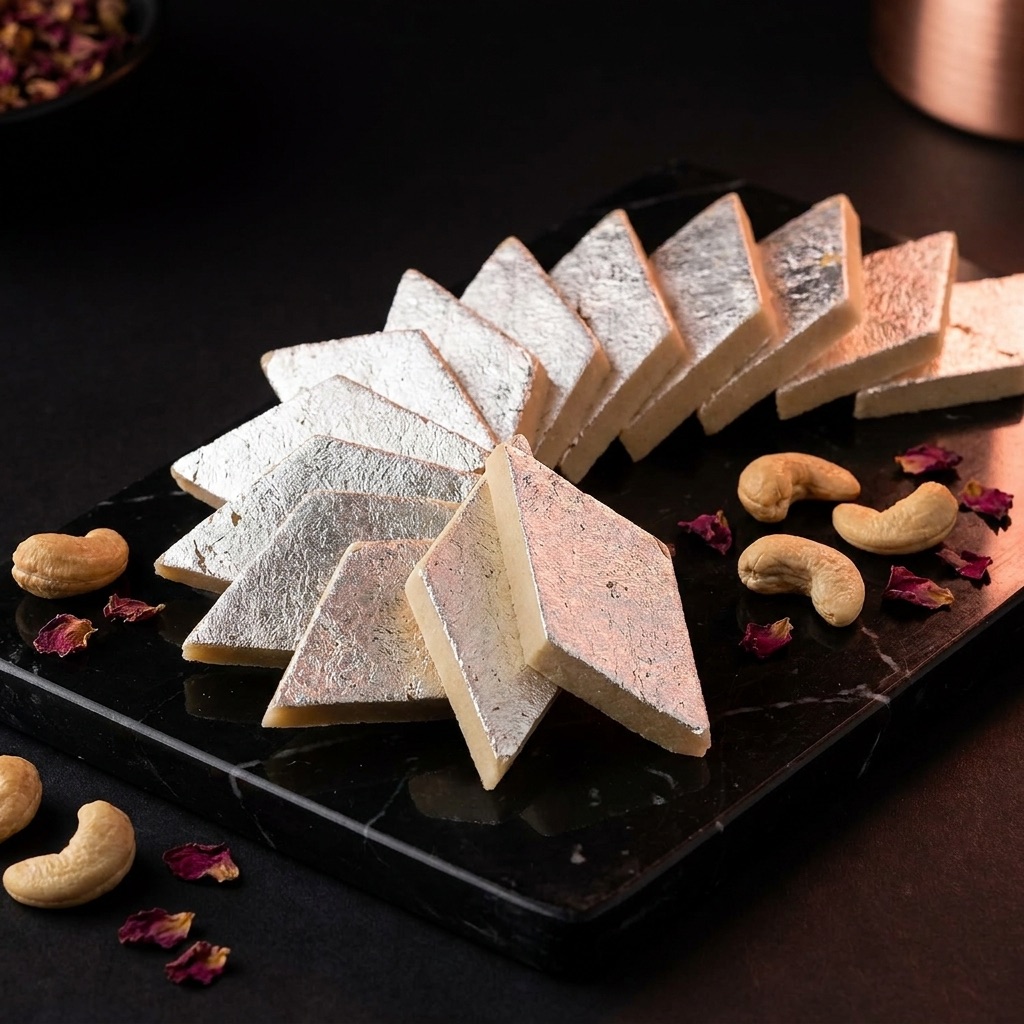 Silver-leafed kaju katli diamonds