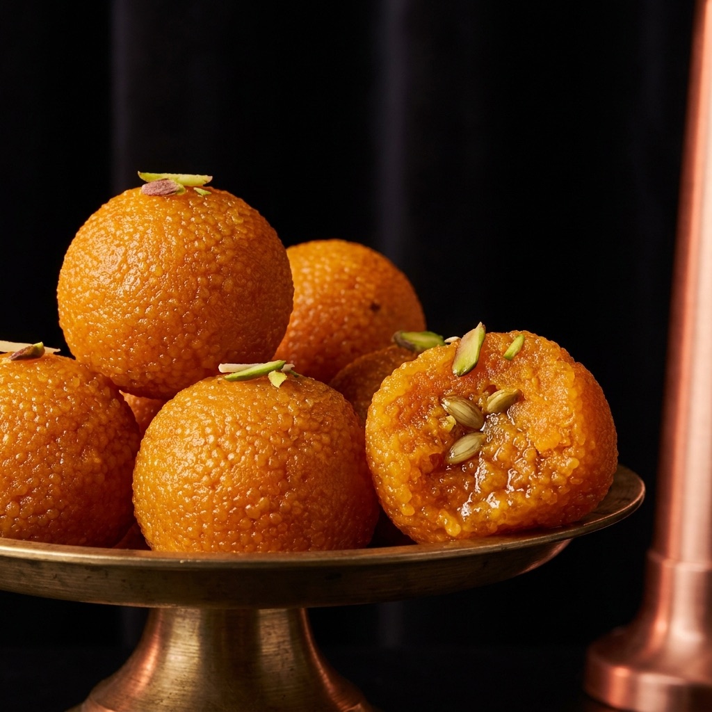 Motichoor ladoo broken open showing moist interior