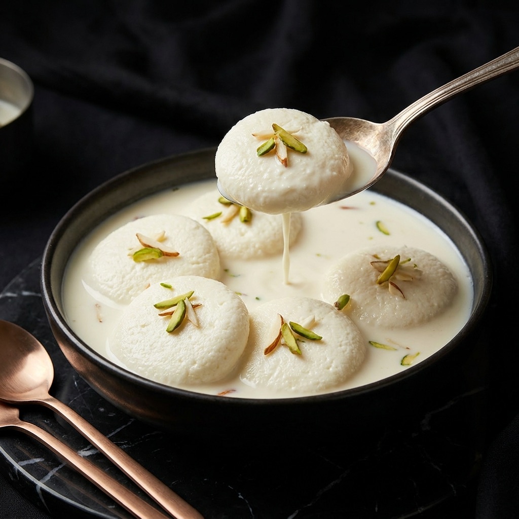 Rasmalai soaking in saffron rabri