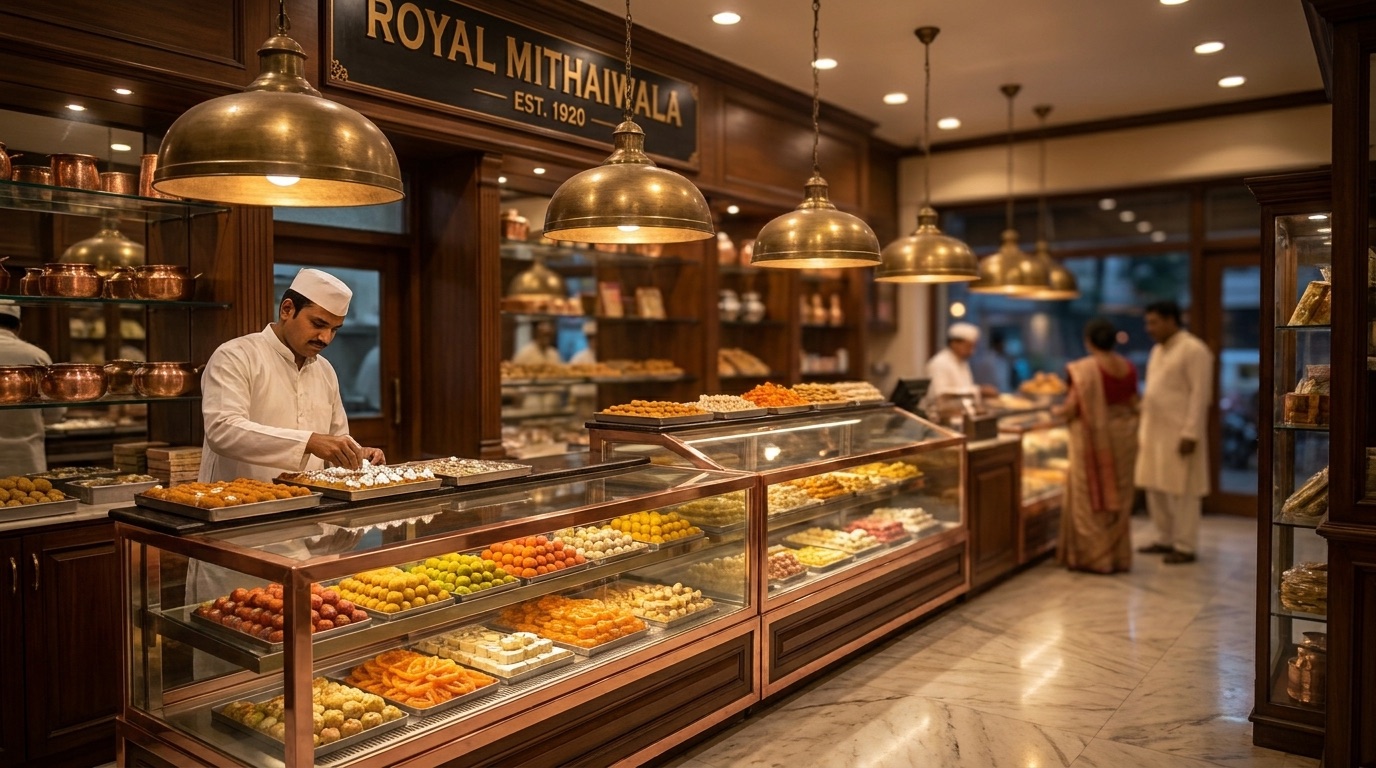 Inside the Bitta Sweets shop — brass lamps over glass counters of fresh mithai